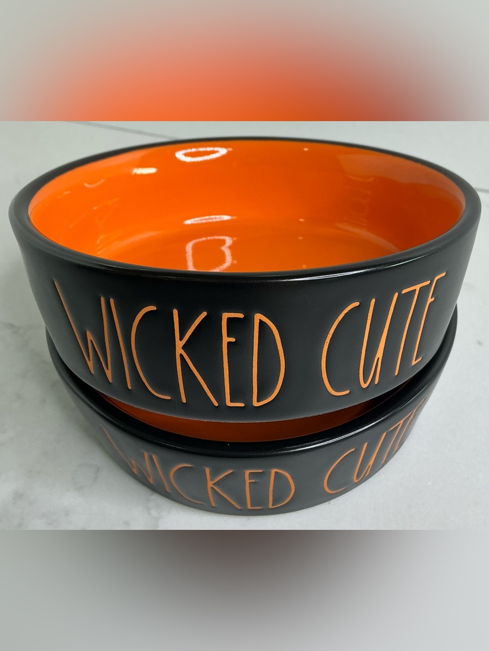 2 Rae Dunn Food Water Bowl Wicked Cute Dog Cat Small Ceramic Halloween Orange